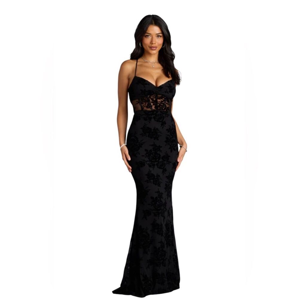 Windsor Bethany Lace-Up Mesh Mermaid Formal Dress NWT